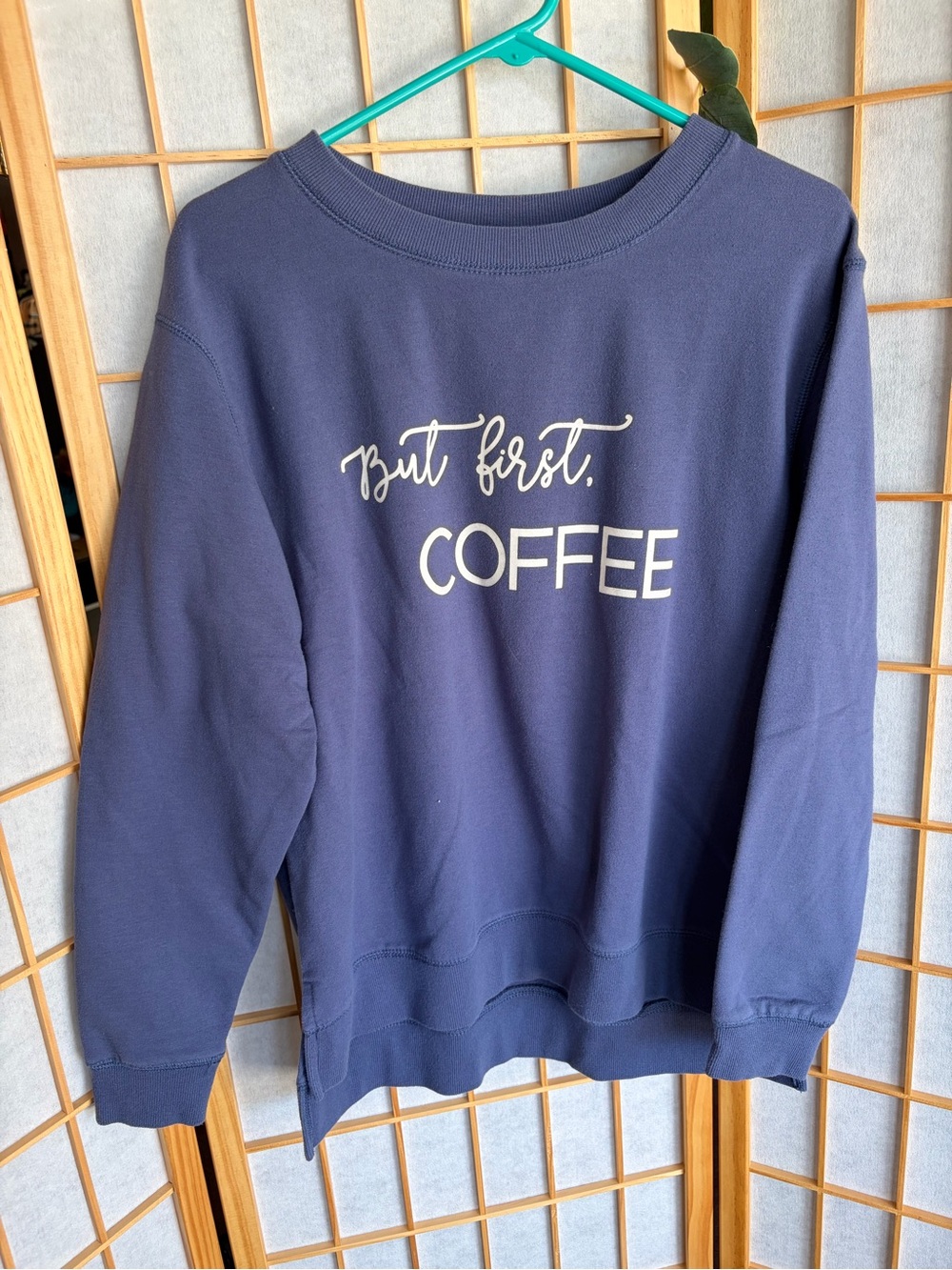 GreenTea Navy Crewneck Sweatshirt with White "But First, COFFEE" Print